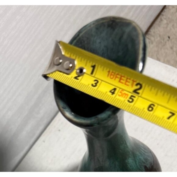 Canadian Pottery Bud Vase Slant Cut Bulb 6.5" Light Teal Black Drip Glaze MCM - Picture 7 of 8